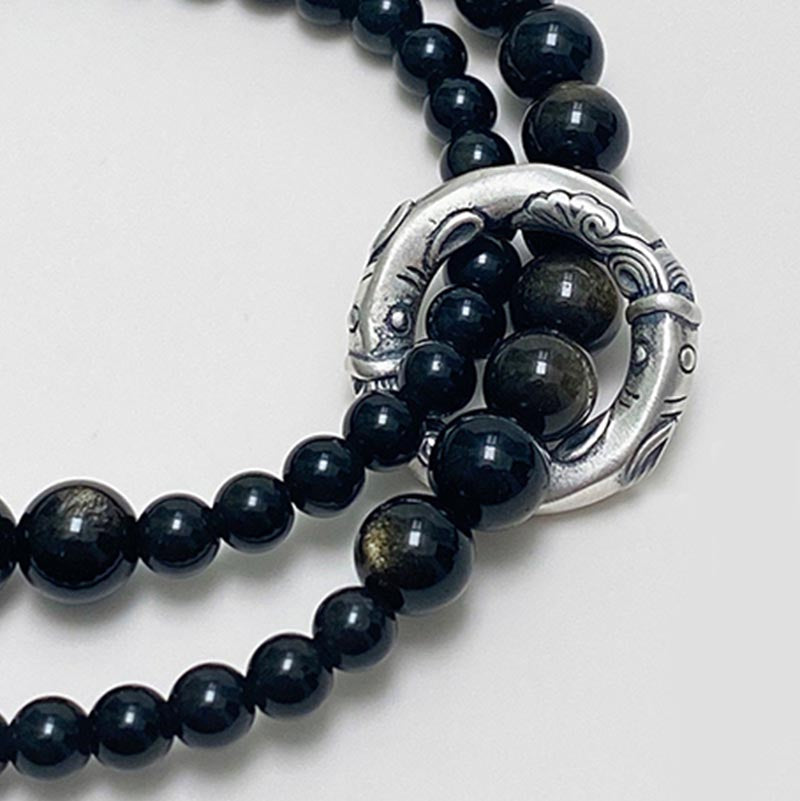Armband 925 Silber Schwarzer Obsidian Perlen elegantes Mondgesicht Design Stärke