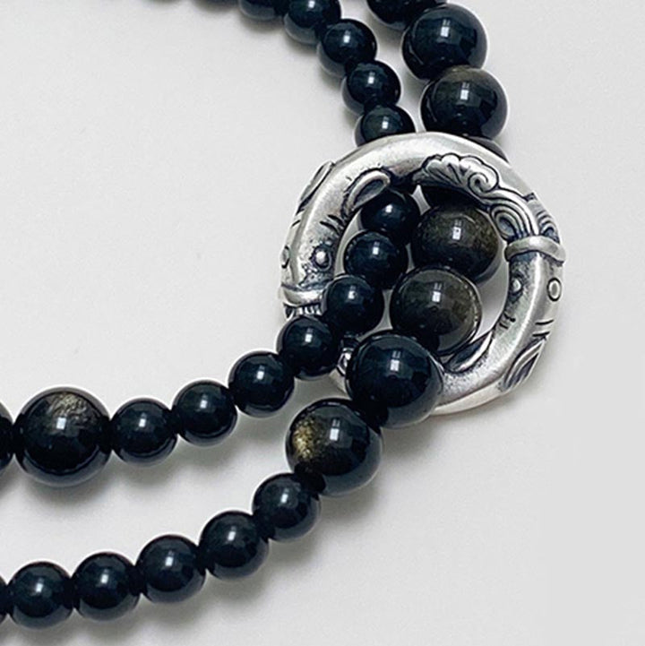 Armband 925 Silber Schwarzer Obsidian Perlen elegantes Mondgesicht Design Stärke