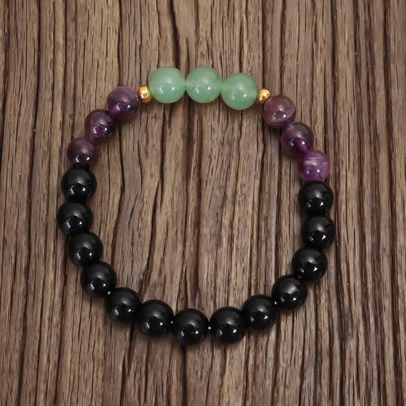 Armband Grüner Aventurin Amethyst schwarzer Obsidian elastisch Naturstein.