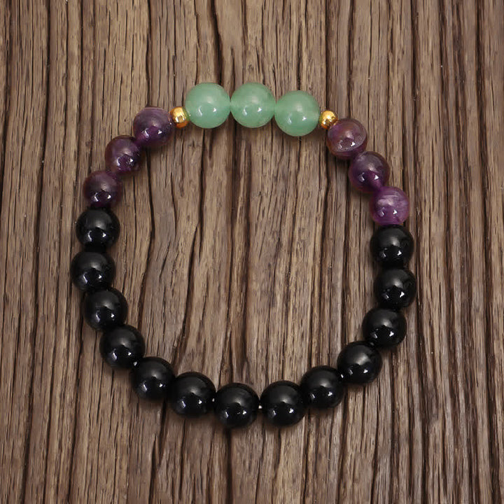 Armband Grüner Aventurin Amethyst schwarzer Obsidian elastisch Naturstein.