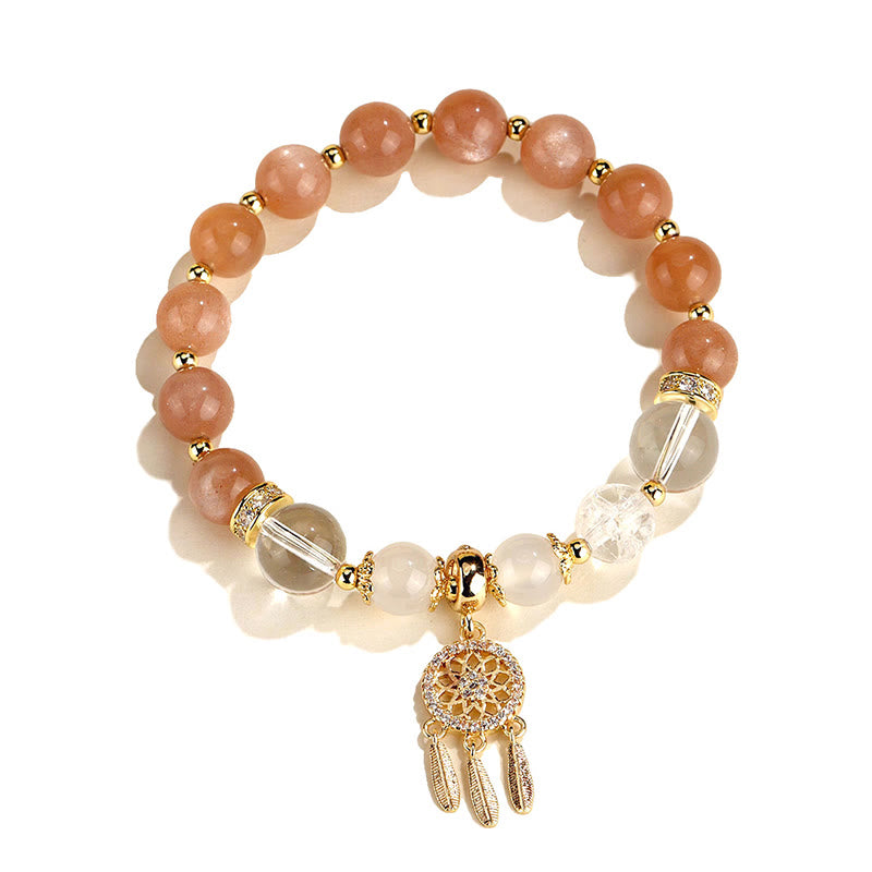Armband Erdbeerquarz mit Traumfänger Anhänger Gold Perlen elastisch