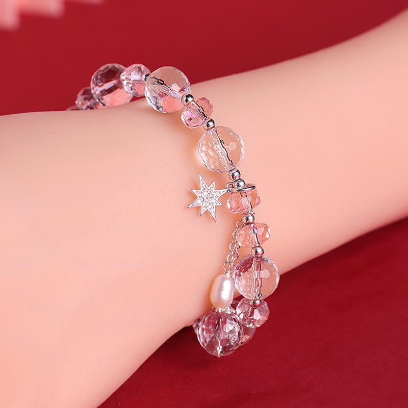 Armband Weißer Kristall Stern – Schutz Rosa Perlen Handgelenk getragen