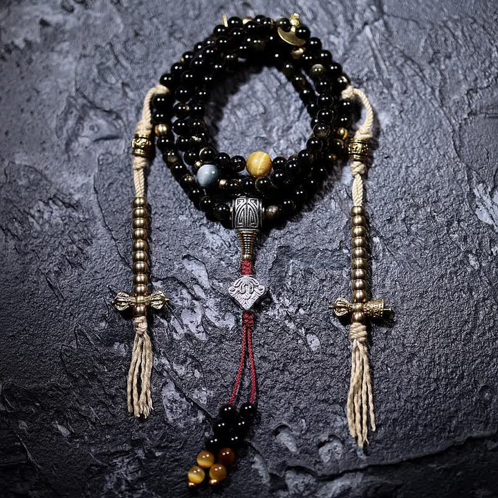 Mala Tigerauge Obsidian Armband mit Quasten Wohlstand Schmuck.