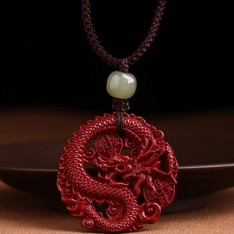 Rotes Zinnober Drachen Anhänger Halskette mit Jade Perle Wohlstand Stärke