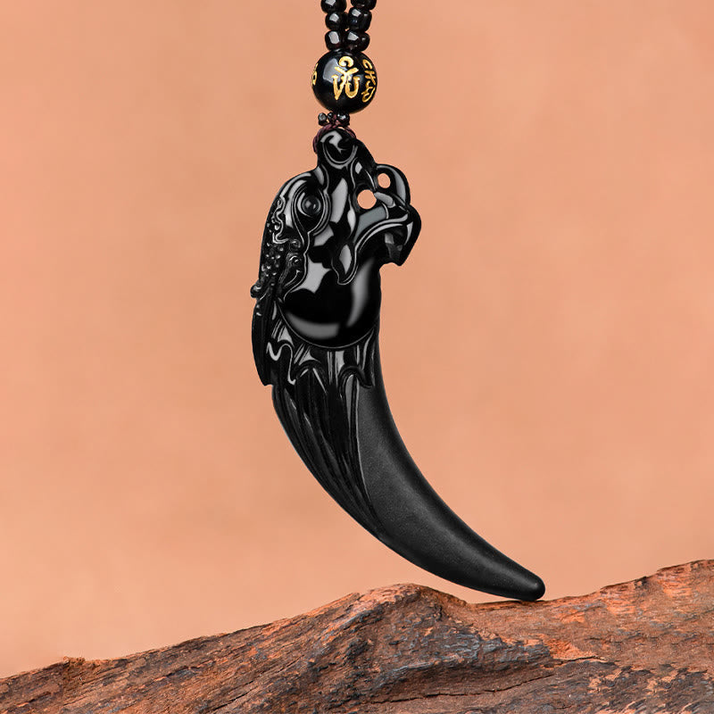 Kette schwarze Jade Drachen Reißzahn Obsidian Schutz