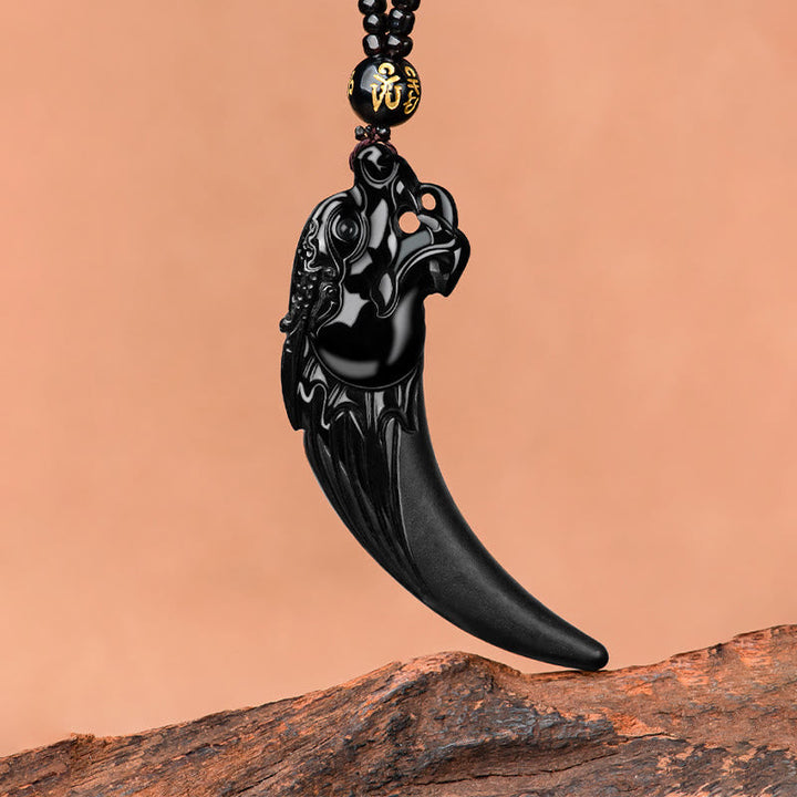 Kette schwarze Jade Drachen Reißzahn Obsidian Schutz