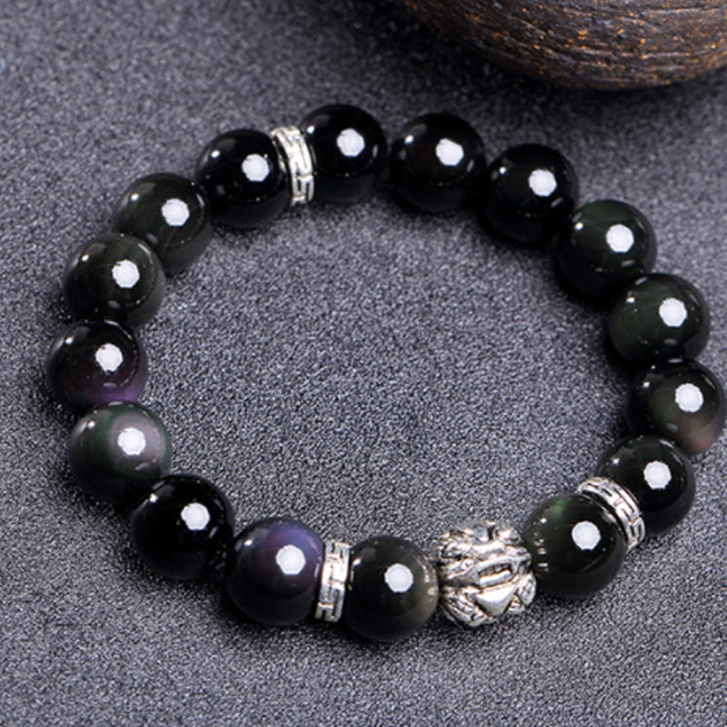 Schwarzes Obsidian Pixiu Armband mit Metallakzenten elegantes Design