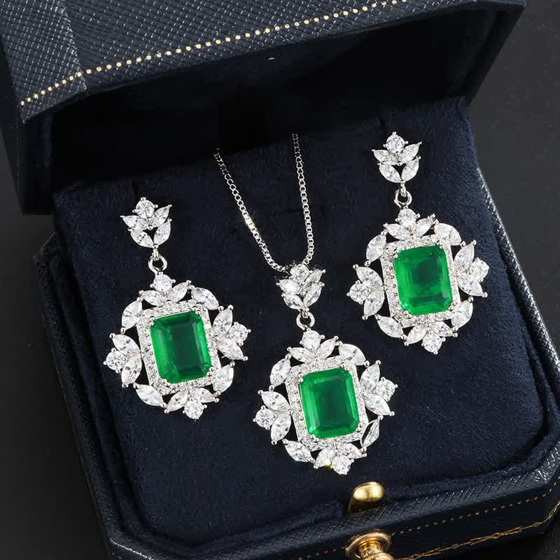 Smaragd Anhänger Kette Ohrringe Set Silber