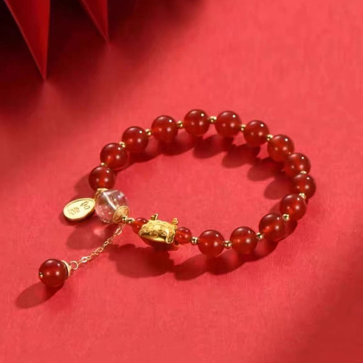 Armband Roter Achat Granat Fu-Zeichen elastisch Naturstein Glück Erfolg