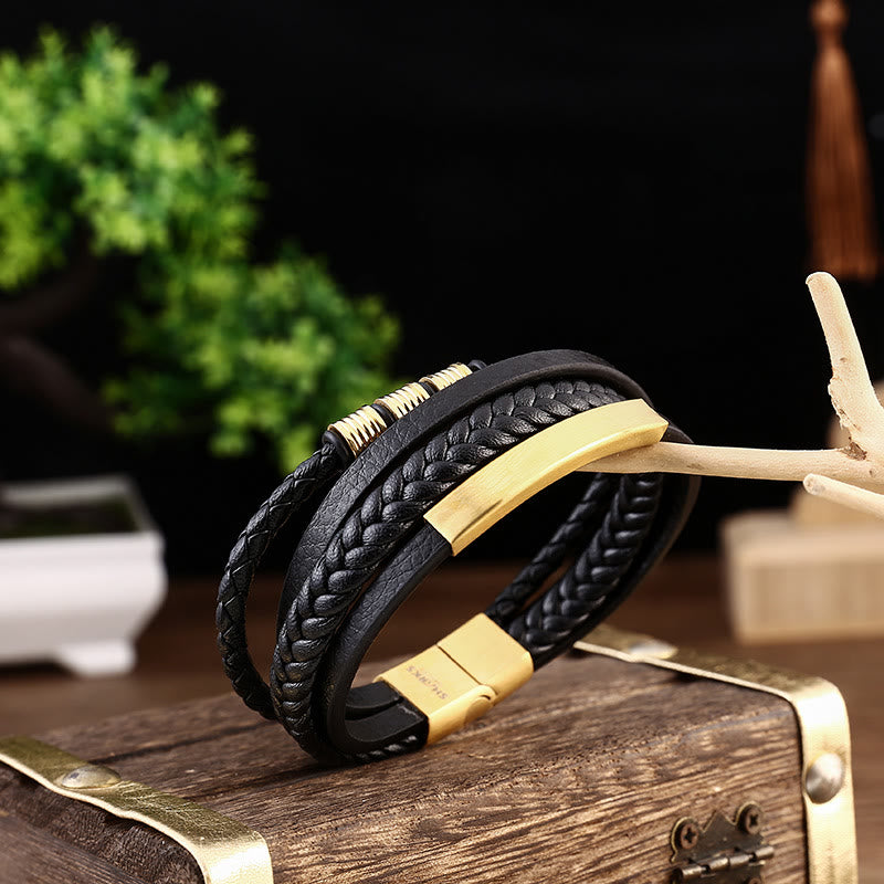 Schwarzes geflochtenes Lederarmband magnetisch Balance Gold verschluss