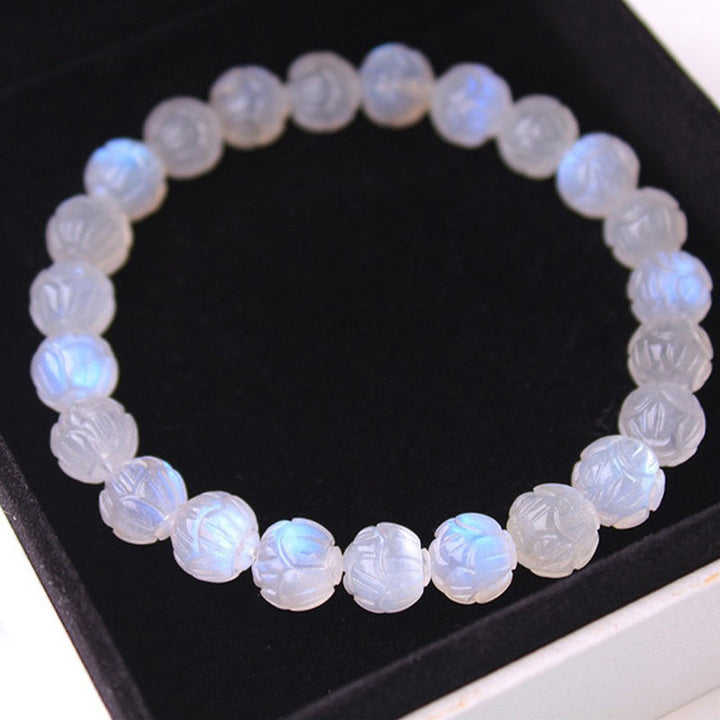 Armband Mondstein Lotus – Liebe elastisch Naturstein Perlen transparent blau