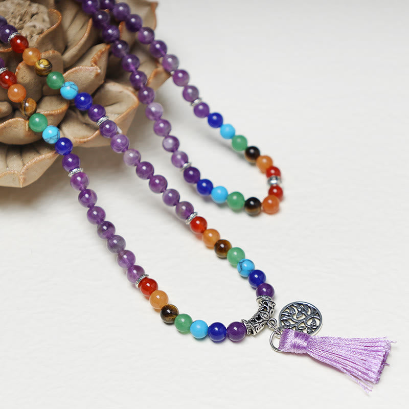 Mala 108 Perlen Kristall Halskette mit Quaste lila Amethyst Flachaufnahme