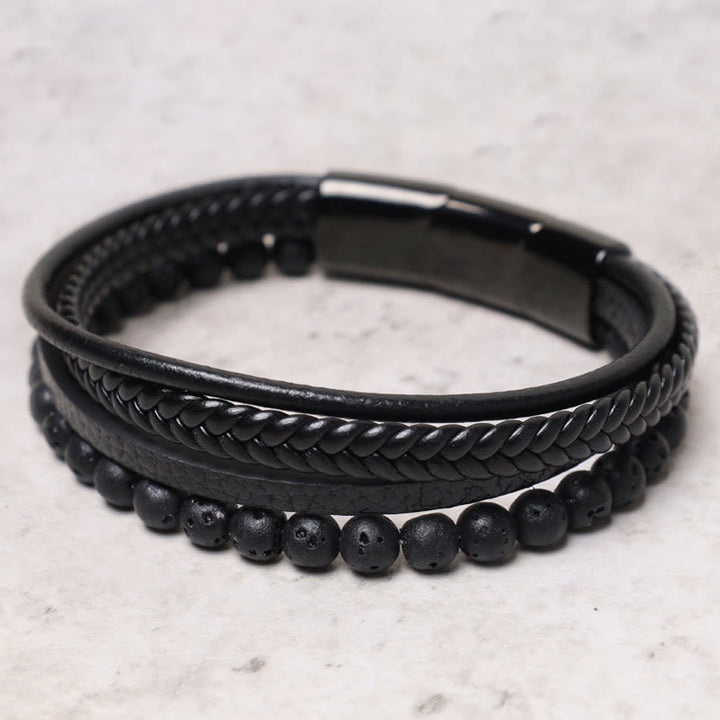 Armband Lava Stein Schwarz Onyx Leder