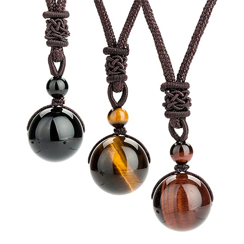 Kette Tigerauge Obsidian Schutz Mut – drei Naturstein Anhänger braun