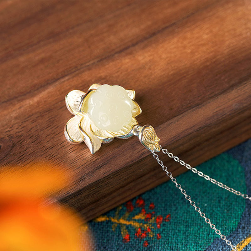 Kette Weiße Jade Lotus Glück Silber Anhänger