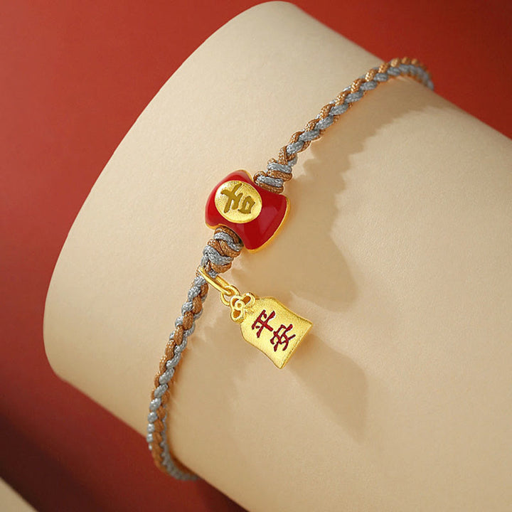 Glücksbringendes Armband 925 Silber rotes Amulett goldene Charms elastisch