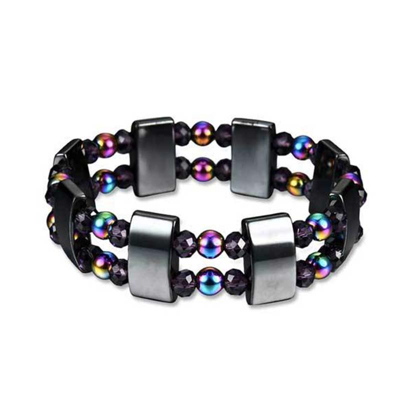 Armband Regenbogen Hämatit mit lila Kristallen elastisch getragen