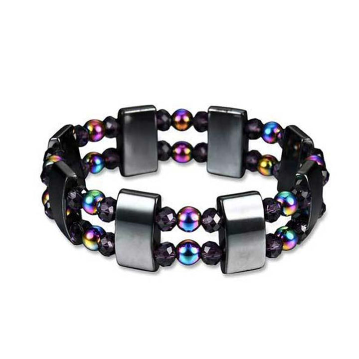 Armband Regenbogen Hämatit mit lila Kristallen elastisch getragen