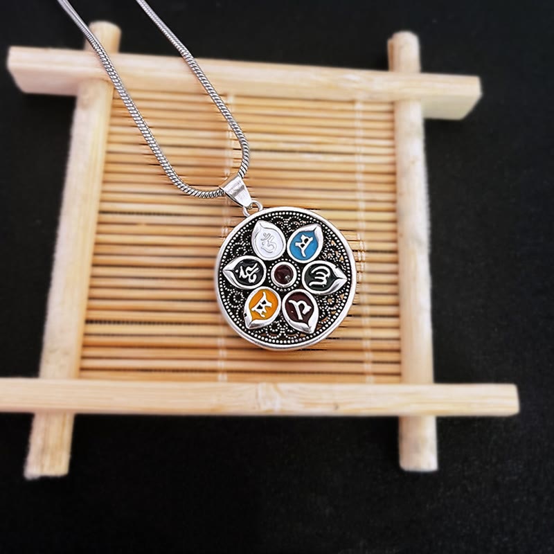 Anhänger Silber Om Mani Padme Hum Chakra Symbole Halskette