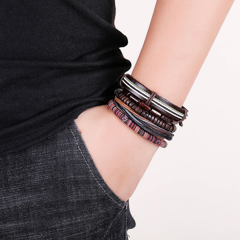 Wickelarmband Leder Holzperlen Vintage Style