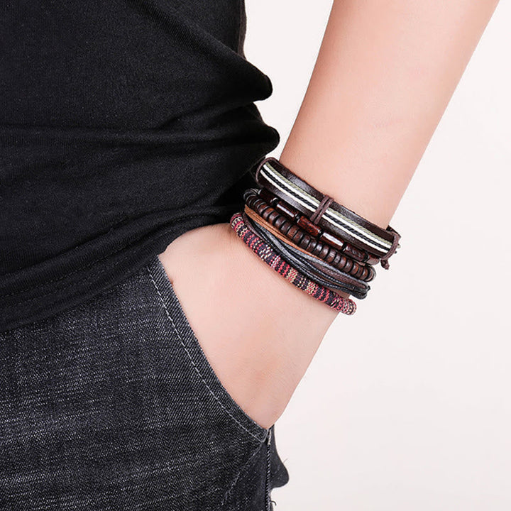 Wickelarmband Leder Holzperlen Vintage Style