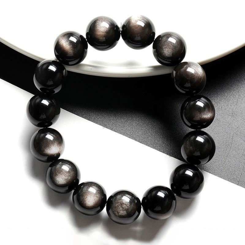 Armband Silber Obsidian – Schutz schwarze Perlen glänzend Naturstein elastisch