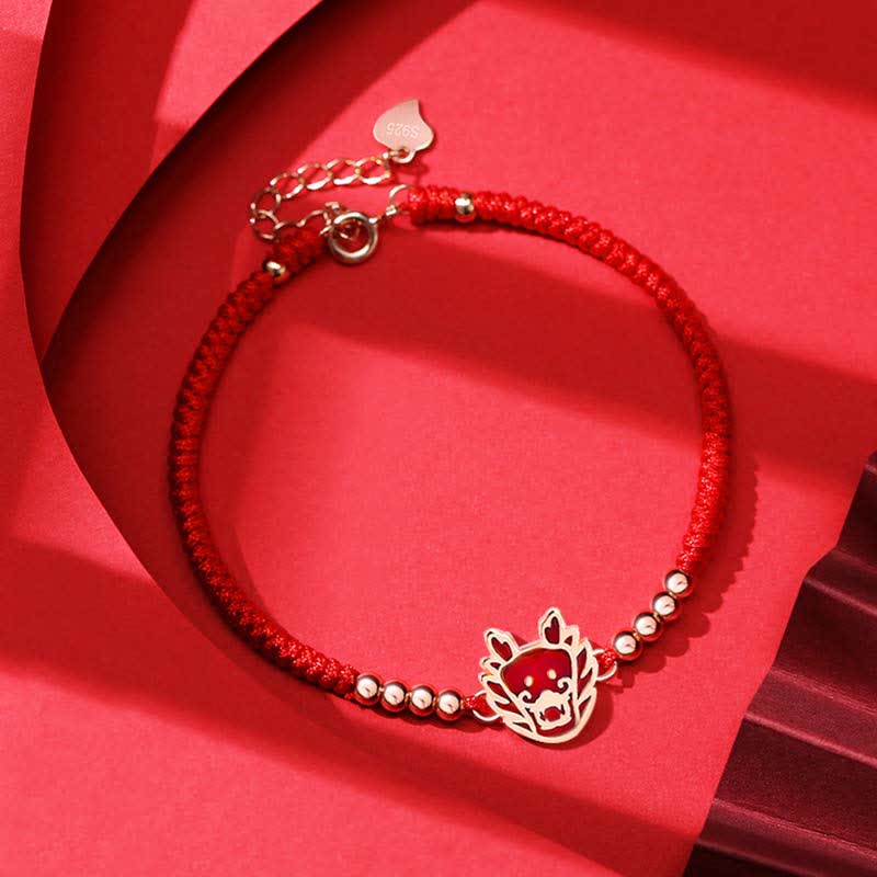 Rotes Armband 925 Silber Chinesisches Tierkreis Drache Glück Energie.