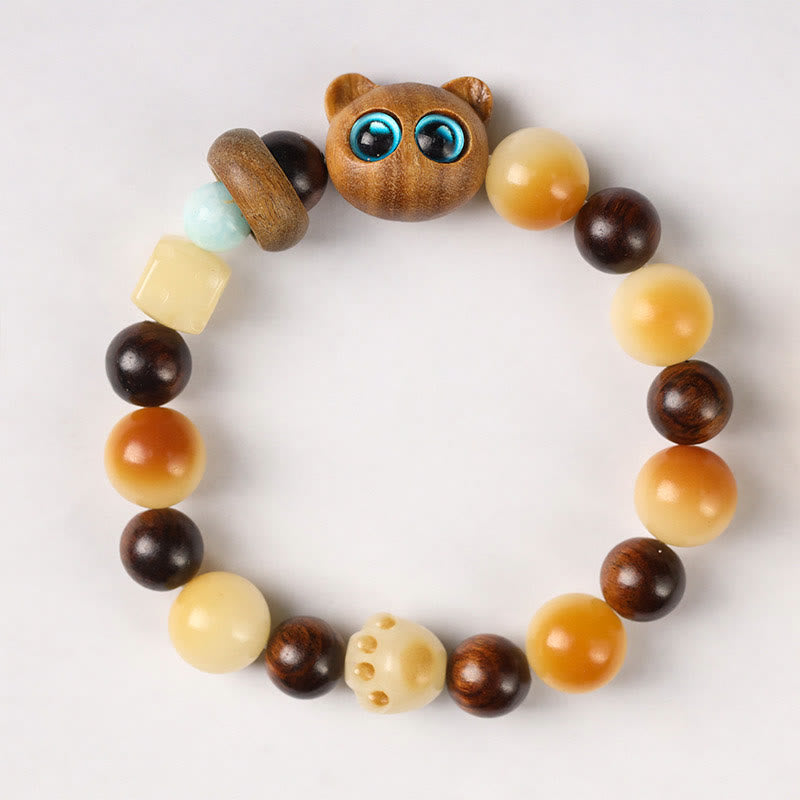 Armband Sandelholz Bodhi Katze mit braunen und bernsteinfarbenen Perlen