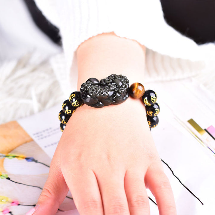 Obsidian Pixiu Armband Handgelenk schwarzer Stein Wohlstand Balance elegant