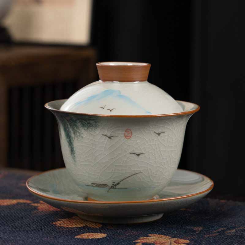 Teetasse Mit Untertasse Gaiwan Lotus Koi Blatt-Boot