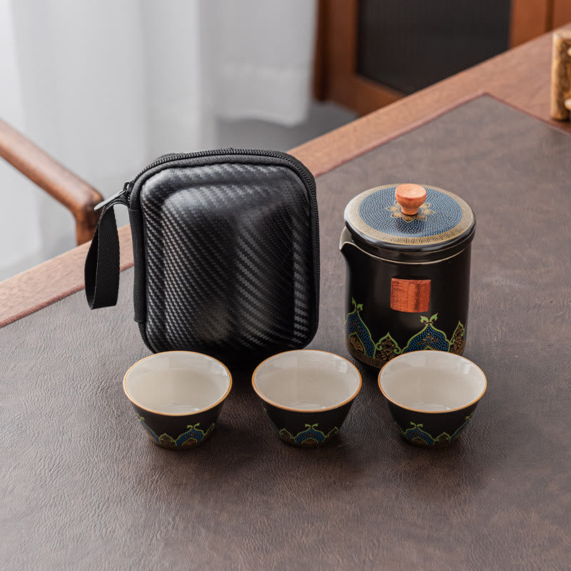 Teeset Schwarz / 1 Kanne+3 Tassen+1 Tasche