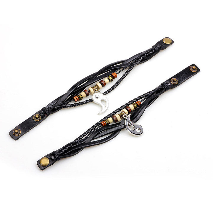 Schwarzes Leder Armband Set mit Perlen Flachaufnahme Drachen Design