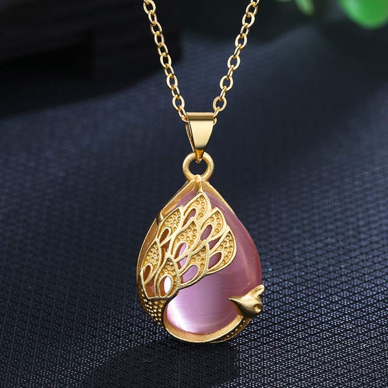 Kette Rosenquarz Chalcedon Pfau Kupfer Liebe gold