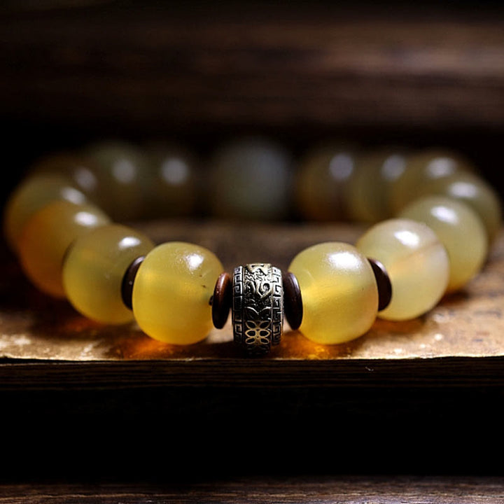 Gelbes Bernstein Armband Om Mani Padme Hum – Segen Perlen Silber.