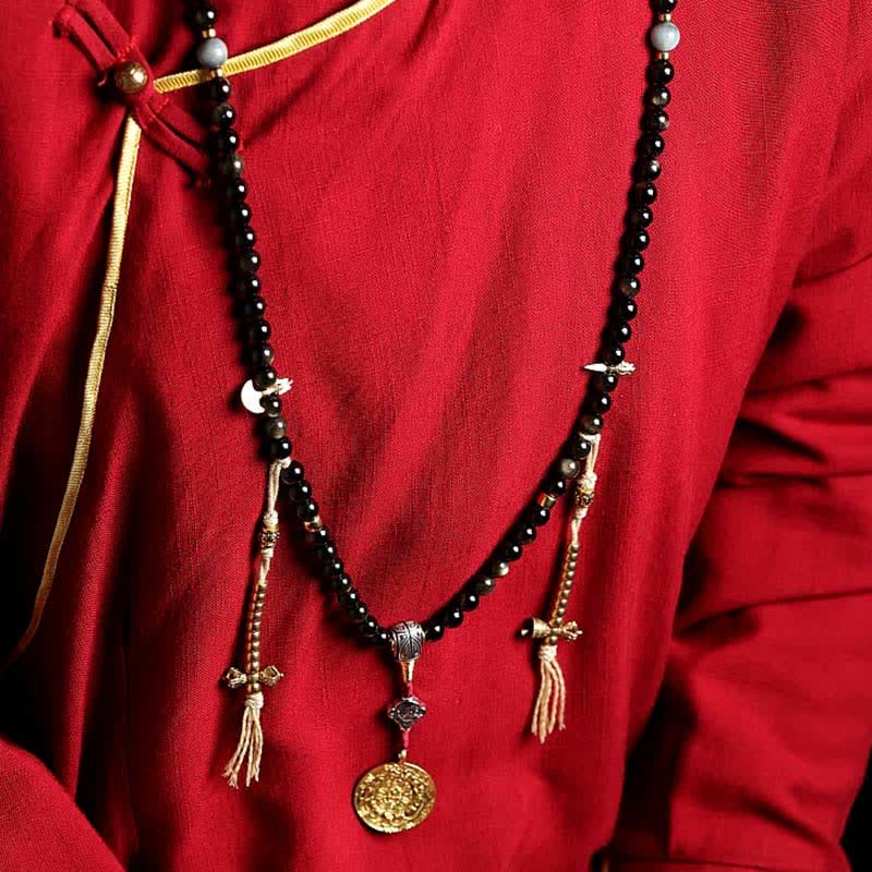 Mala Tigerauge Obsidian Wohlstand Halskette mit Quasten Anhänger rot.