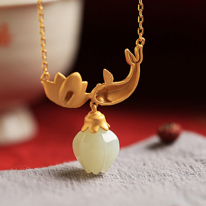 Anhänger Kette Jade Koi Lotus Kupfer Schutz