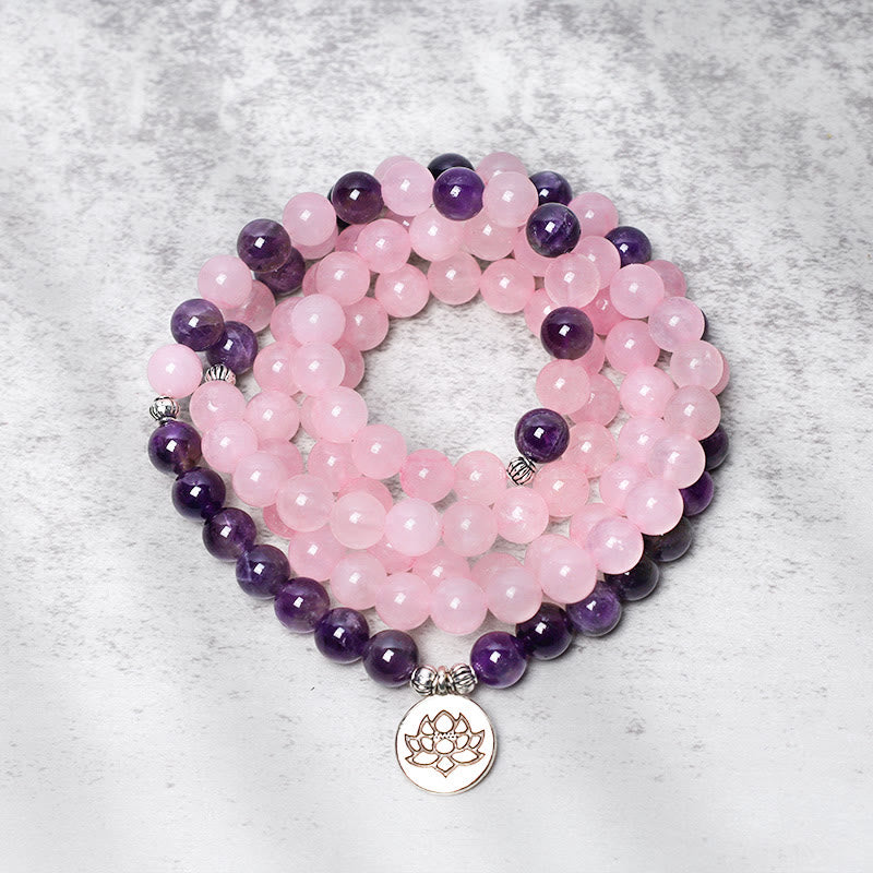 Mala Rosenquarz Amethyst Perlen Lotus Anhänger
