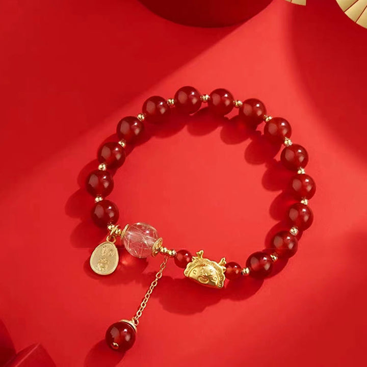 Armband Roter Achat Granat Fu-Zeichen Glück Erfolg goldene Perlen