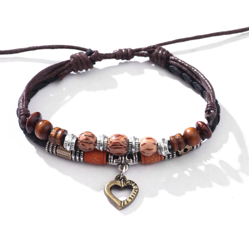 Braunes Lederarmband mit Holzperlen und Herzanhänger Armband – Heilung & Liebe & Energie