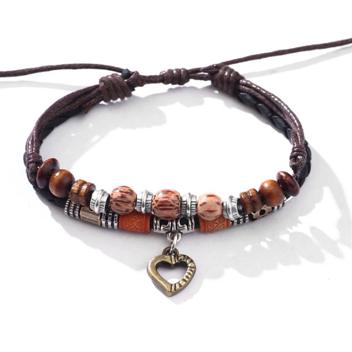 Braunes Lederarmband mit Holzperlen und Herzanhänger Armband – Heilung & Liebe & Energie