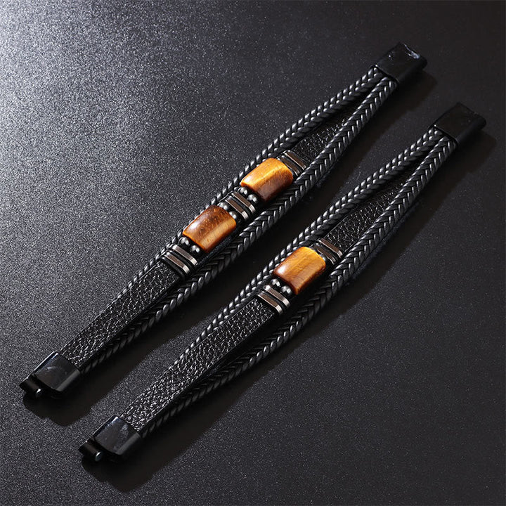 Armband Tigerauge Magnetisch schwarzes Geflecht Holzperlen elegant