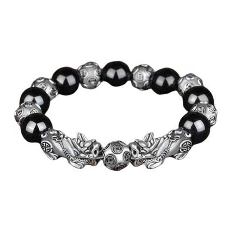 Armband Obsidian Pixiu schwarze Perlen silberne Verzierungen elastisch