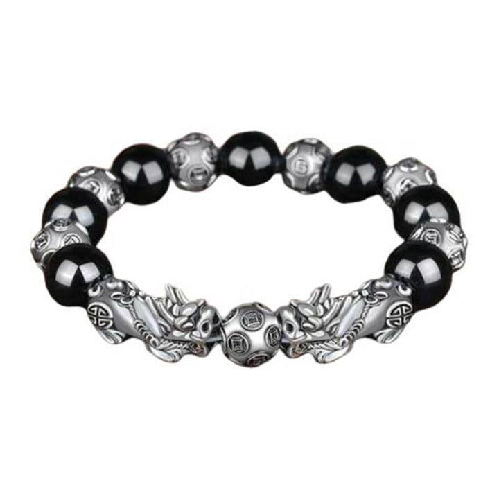 Armband Obsidian Pixiu schwarze Perlen silberne Verzierungen elastisch