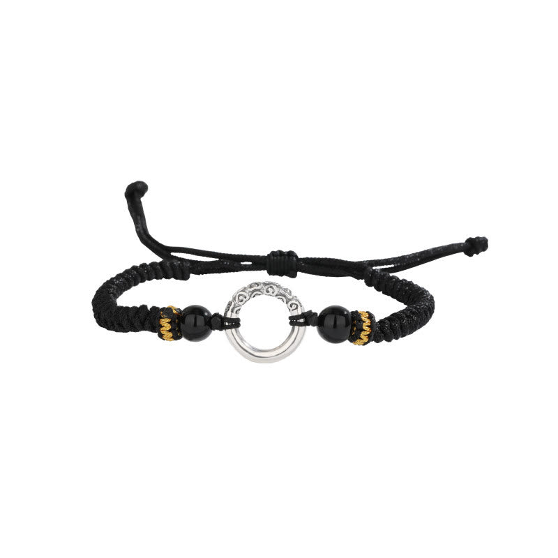 Schwarzes Armband 925 Silber mit Obsidian und goldenem Zierrat elegant.