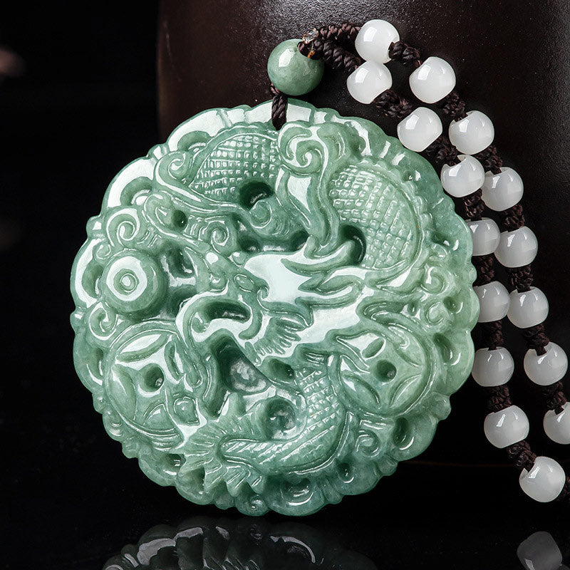 Kette Jade Drachen – Wohlstand & Glück – Echter Naturstein – Kette Jade Drachen Anhänger grün weiß Perlen Naturstein Schmuck