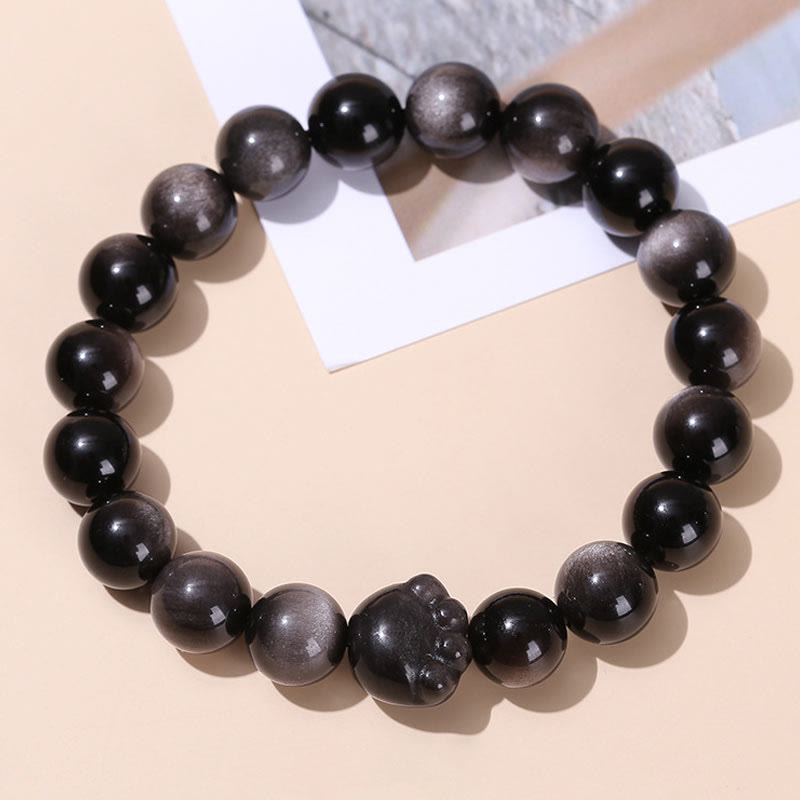 Schwarzes Obsidian Armband Silber Katze Wohlstand Naturstein elastisch
