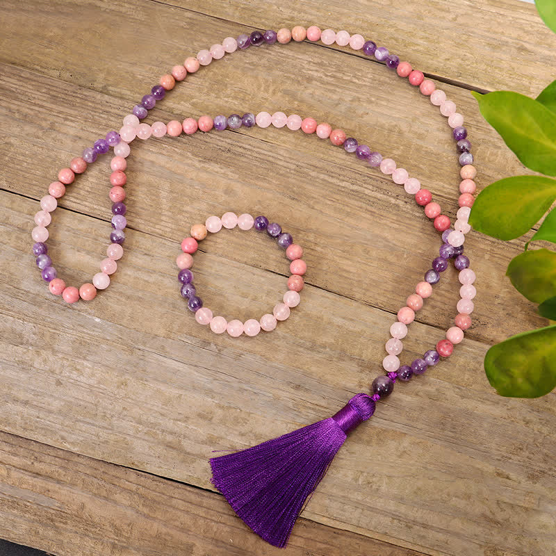 Mala Rosenquarz Amethyst Heilung Perlenarmband mit Quaste Holz