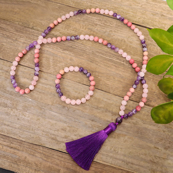Mala Rosenquarz Amethyst Heilung Perlenarmband mit Quaste Holz