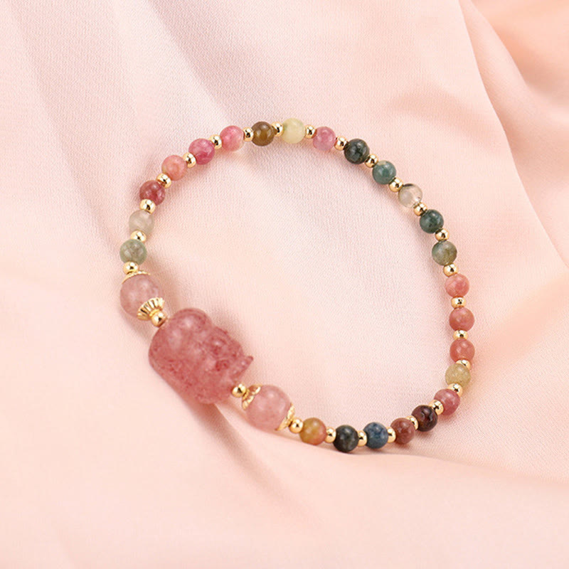 Armband Erdbeerquarz Mondstein Pixiu Schutz elastisch Naturstein rosa