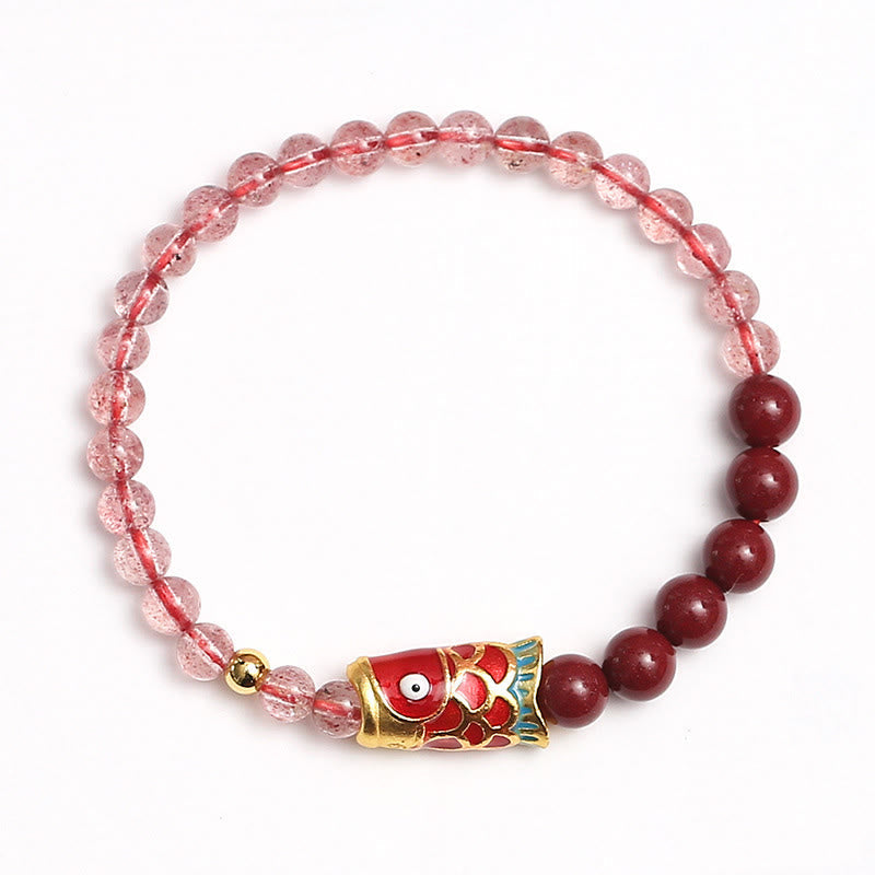 Armband Erdbeerquarz Zinnober Koi Fisch elastisch Naturstein Glück Heilung